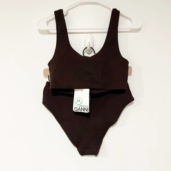 NWT Ganni Lace Up Grommet Tank Ribbed Dark Brown Bikini Set size 38/US 6 - Picture 7 of 9